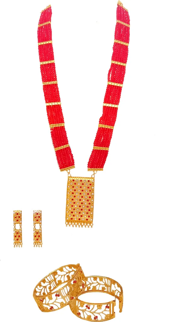 Assamese_Traditional_Gold_Plated_Red_White_Stone_Match_Box_Design_With_Tassel_Jewellery_Set_For_Women_&_Girls